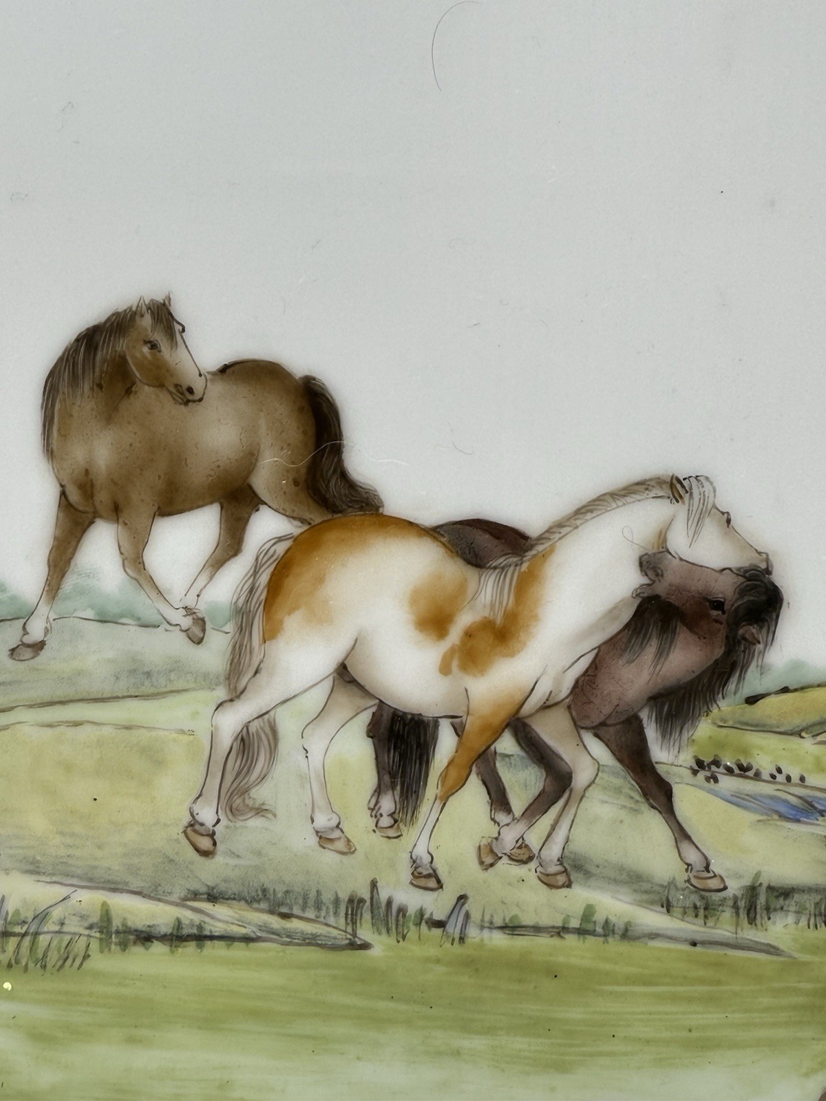 Chinese Hand Painted Porcelain Plaque Eight Horses Framed Wall Art Vintage