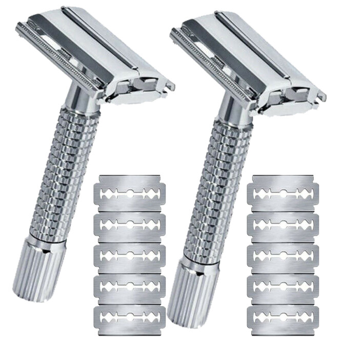 2PCS Men Razor Traditional Classic Double Edge Butterfly Open Shaving 10 Blades