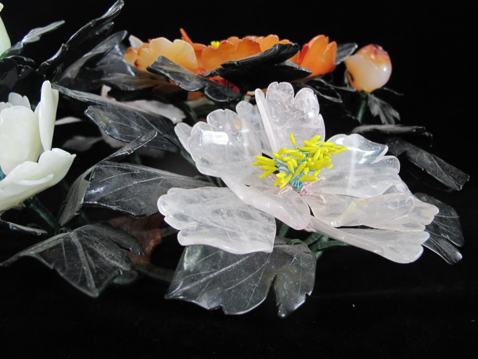 CHINESE Carved Jade Carnelian & Quartz Hardstone FLOWER Centerpiece