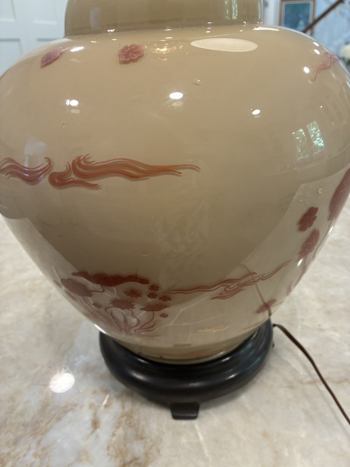 Asian Tanner Kenzie Style Ginger Lamp Raised Lotus Flowers 27″ Read