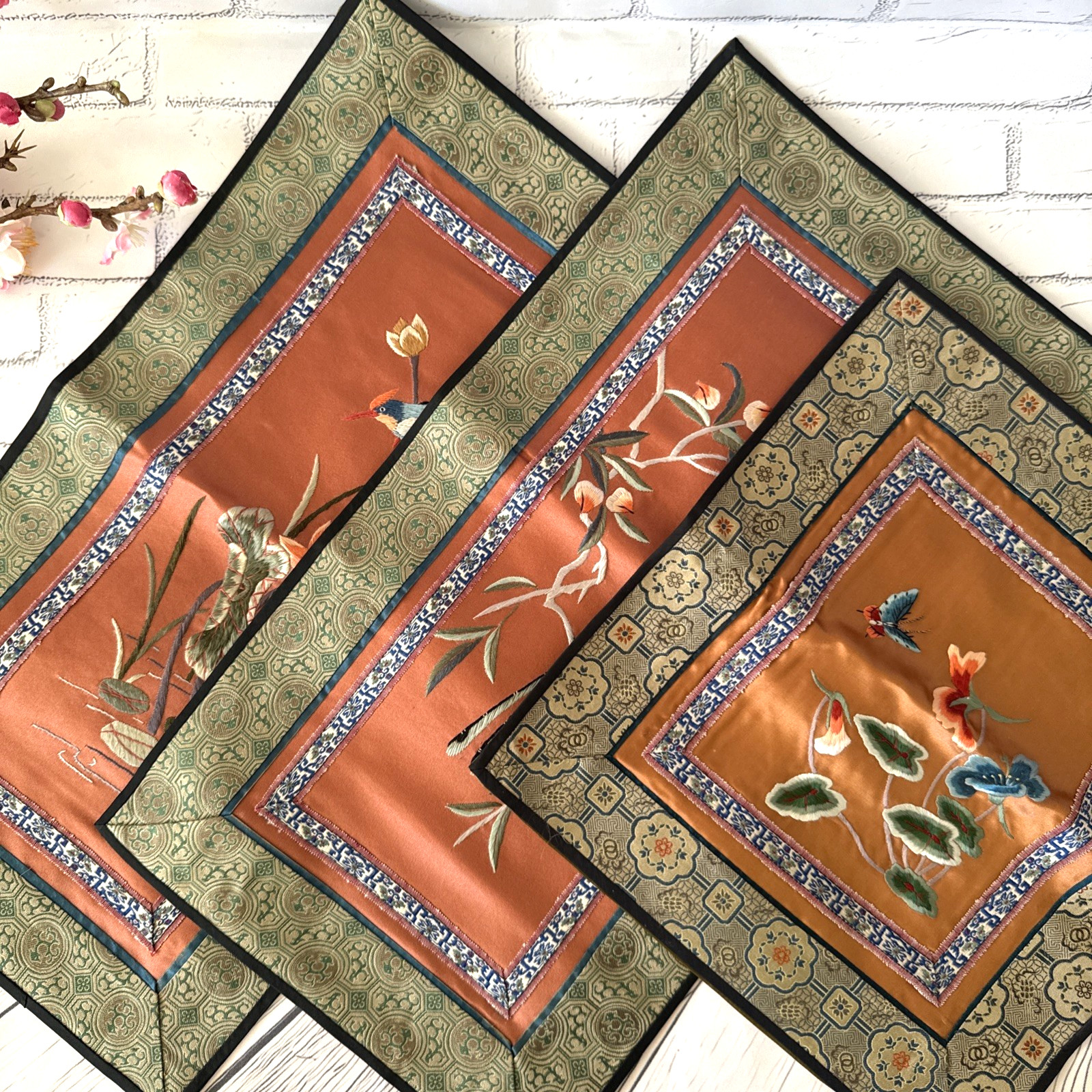 VTG Chinese Embroidered Silk Tapestry Panels Set 3 Birds & Flowers 17”x9.5”& 11″