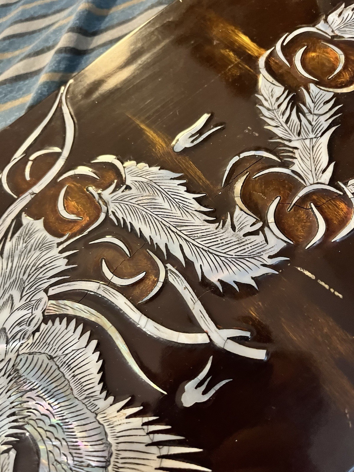 Asian Lacquer Panel Mother of Pearl Inlay Bird Plumage Vintage Wall Art Oriental