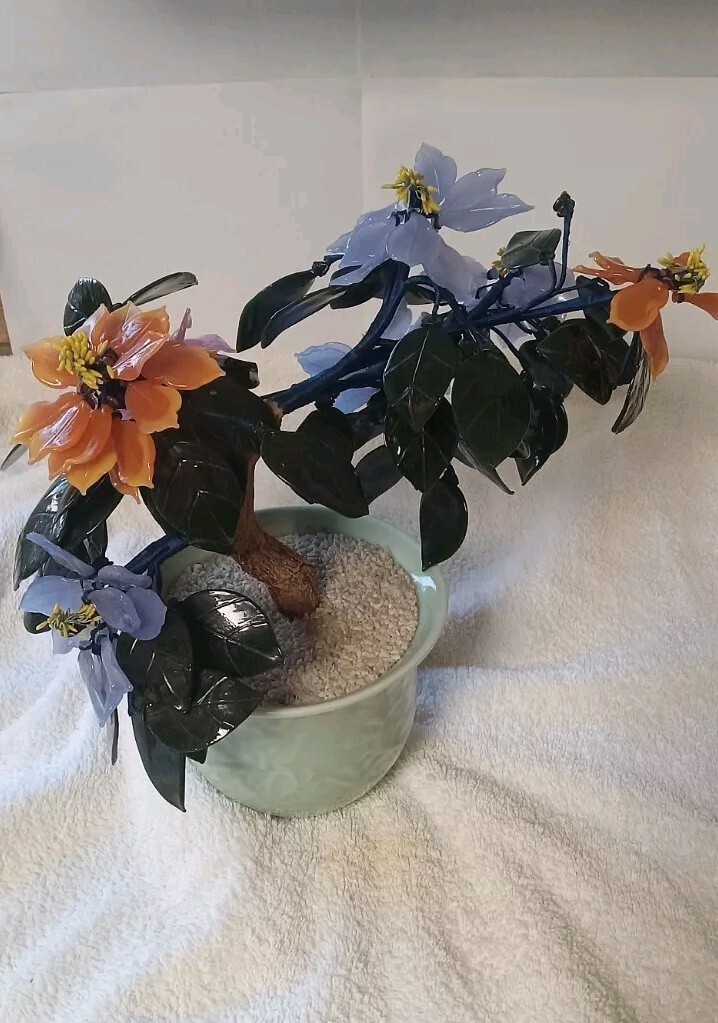 Vintage Jade Glass Flower Arrangement In Vase