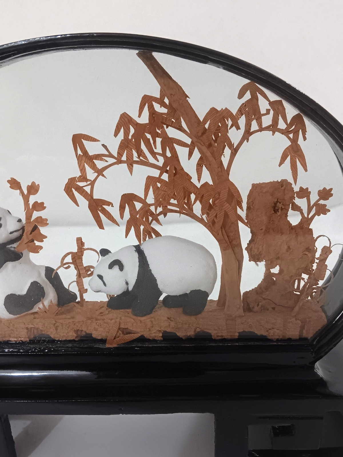 Chinese Panda Diorama, Vintage Cork Art, Wood Shadowbox Art# 320