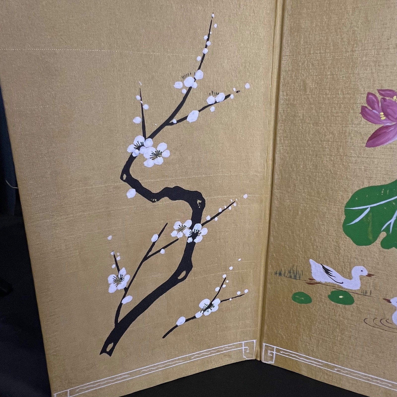 VTG 3 Panel Table Top Folding Screen Painting Blossom Ducks Bamboo China 17.5″L