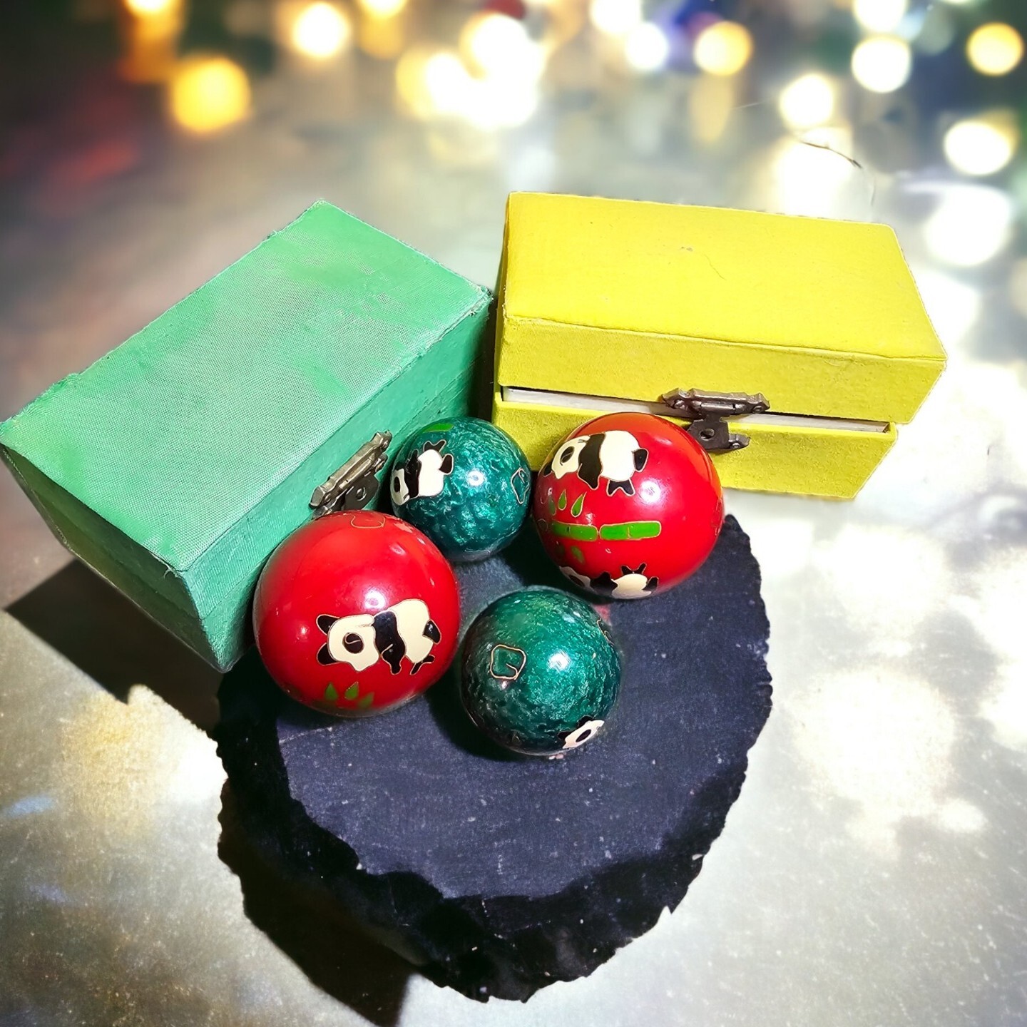 2 Vtg Authentic Chinese Meditation Stress Baoding Balls Cloisonne Pandas Chime