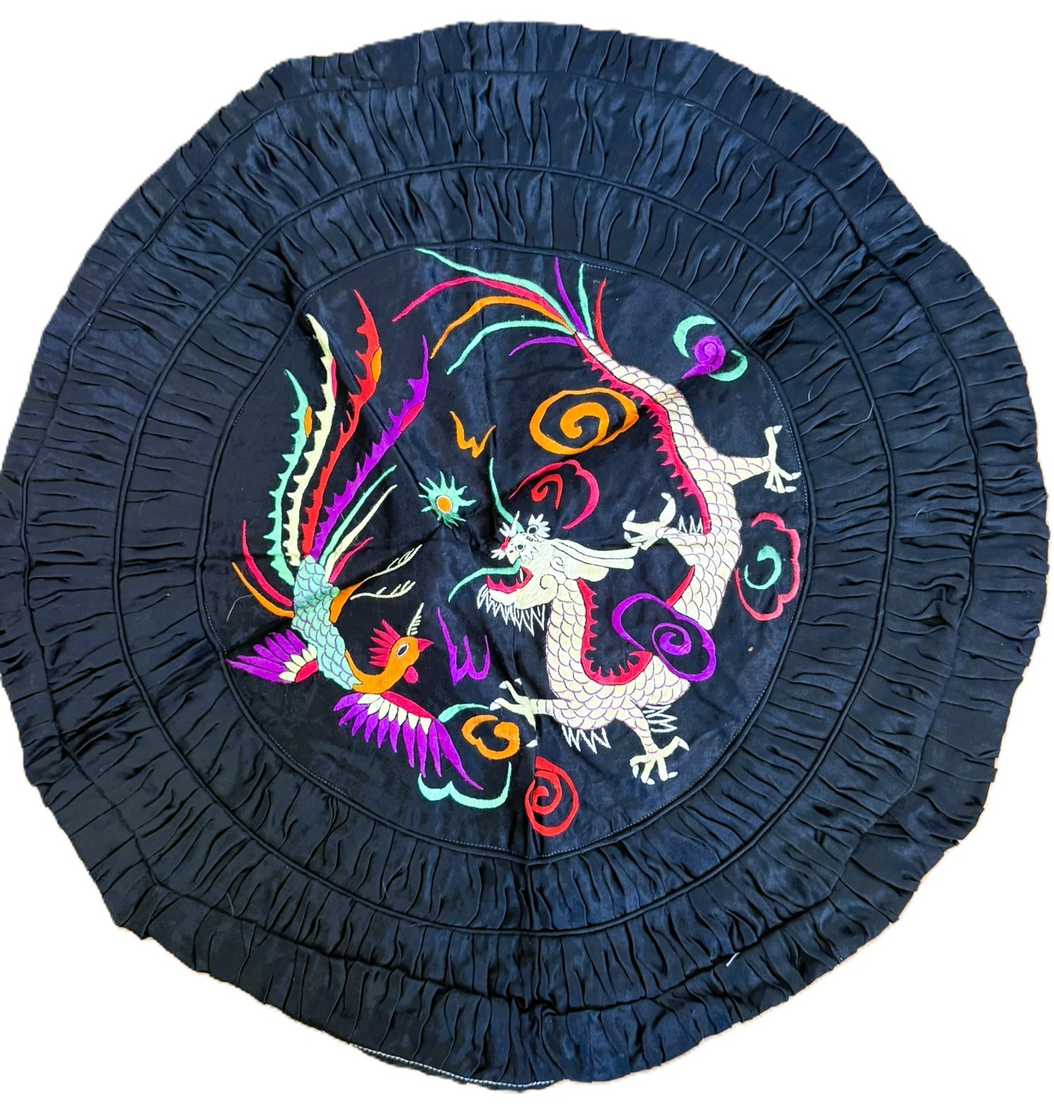 1980s Vintage Chinese Silk Pillow Black with Embroidered Phoenix and Dragon 21″