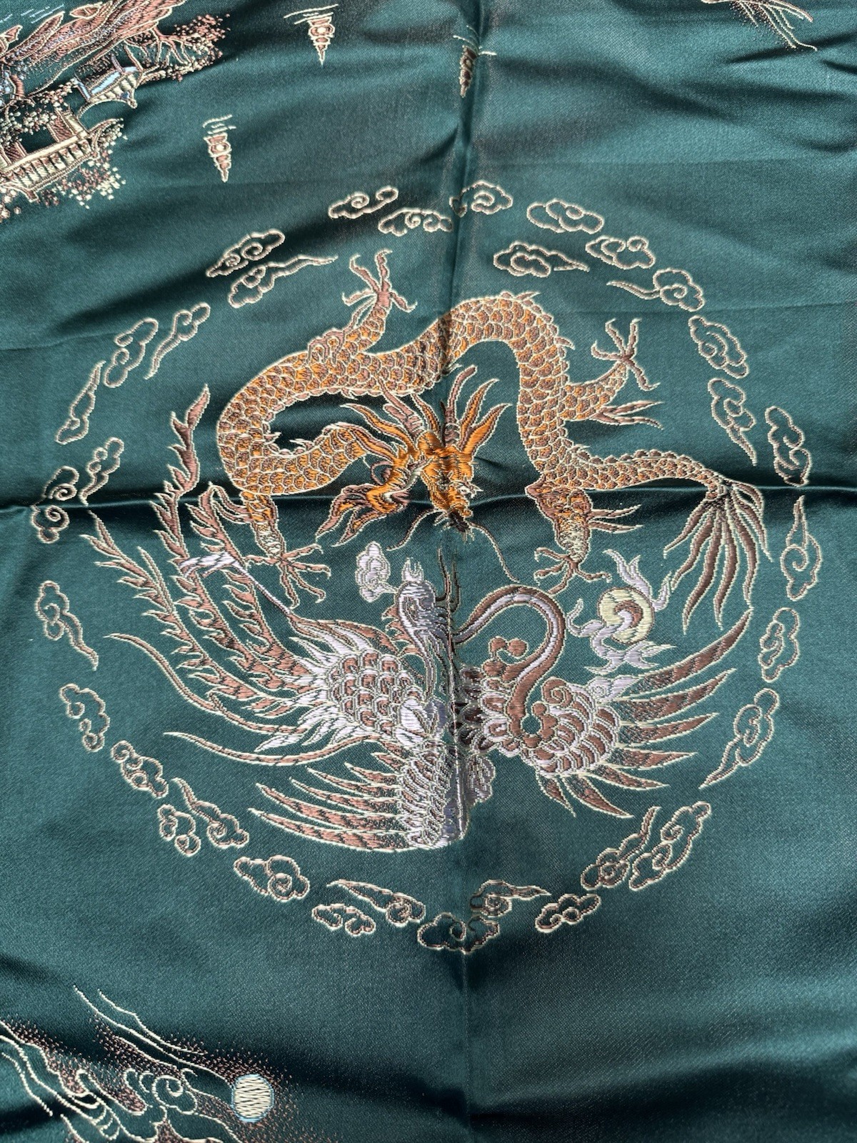 VTG Hangzhou Chinese Silk Brocade Piano Scarf Dragon Phoenix Tablecloth 48”