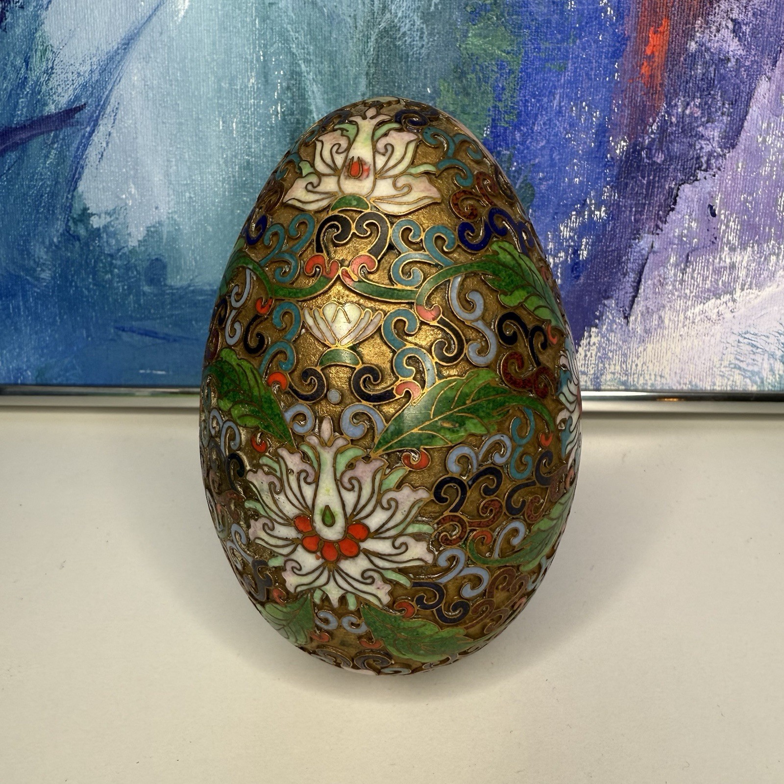 Chinese Cloisonné Metal Egg with Glass Display Stand Vintage Floral Enamel Lotus