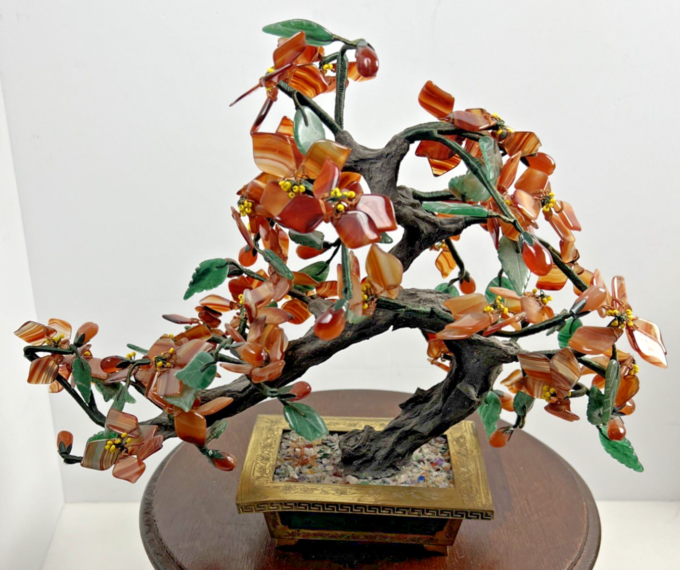 Vintage Carved Jade Tree Bonsai Flowers Brass Pot Agate Carnelian Fall Colors