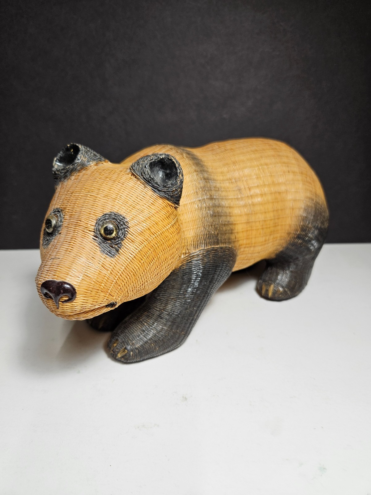 Vintage authentic Chinese Woven Rattan Wicker Panda Bear Shanghai Handicrafts