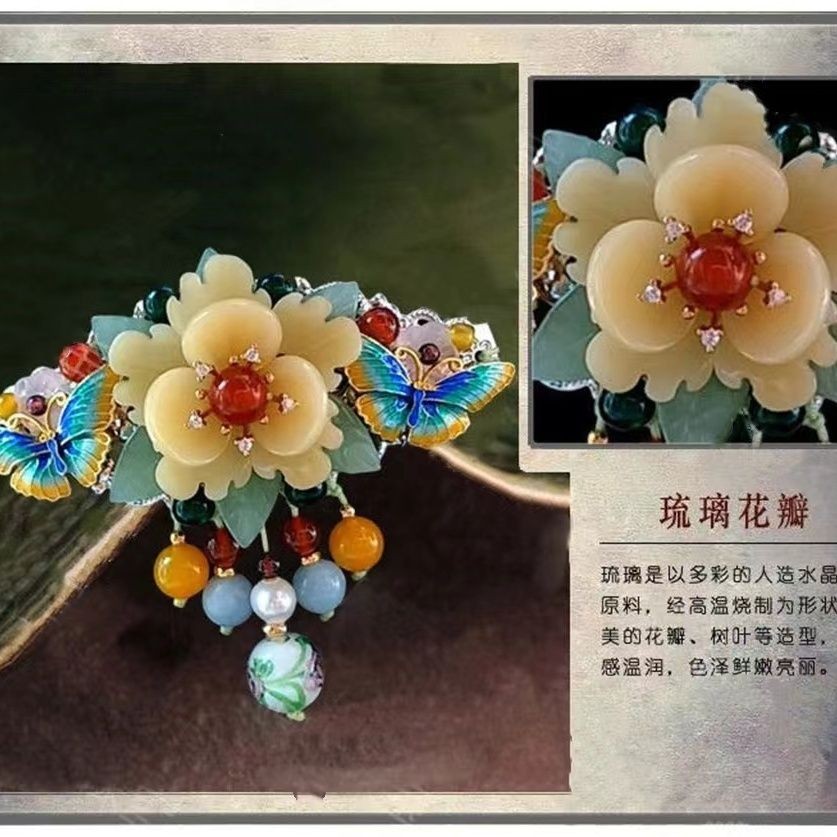 Vintage Cloisonne Top Clip Butterfly Flower Spring Hairpin Retro Ponytail Clip