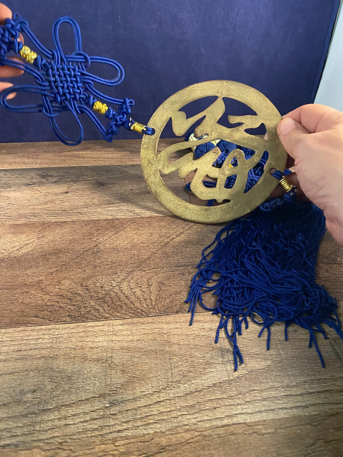 Large Blue Double Tasseled Chinese Knot Wall Hanging Brass Medallion 6″W x 47″H