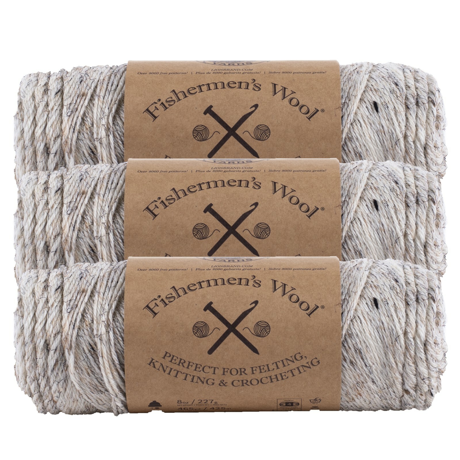 (3 Pack) Lion Brand Yarn 150-202Z Fishermen’s Wool Yarn, Birch Tweed