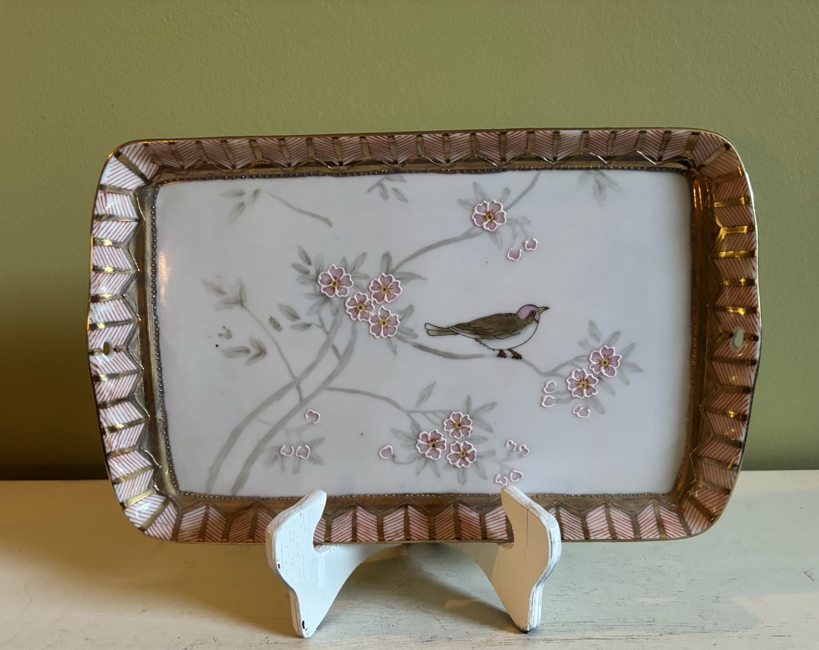 Ceramic Chinoiserie Vanity Tray w/ Hand Painted Cherry Blossoms & Songbirds