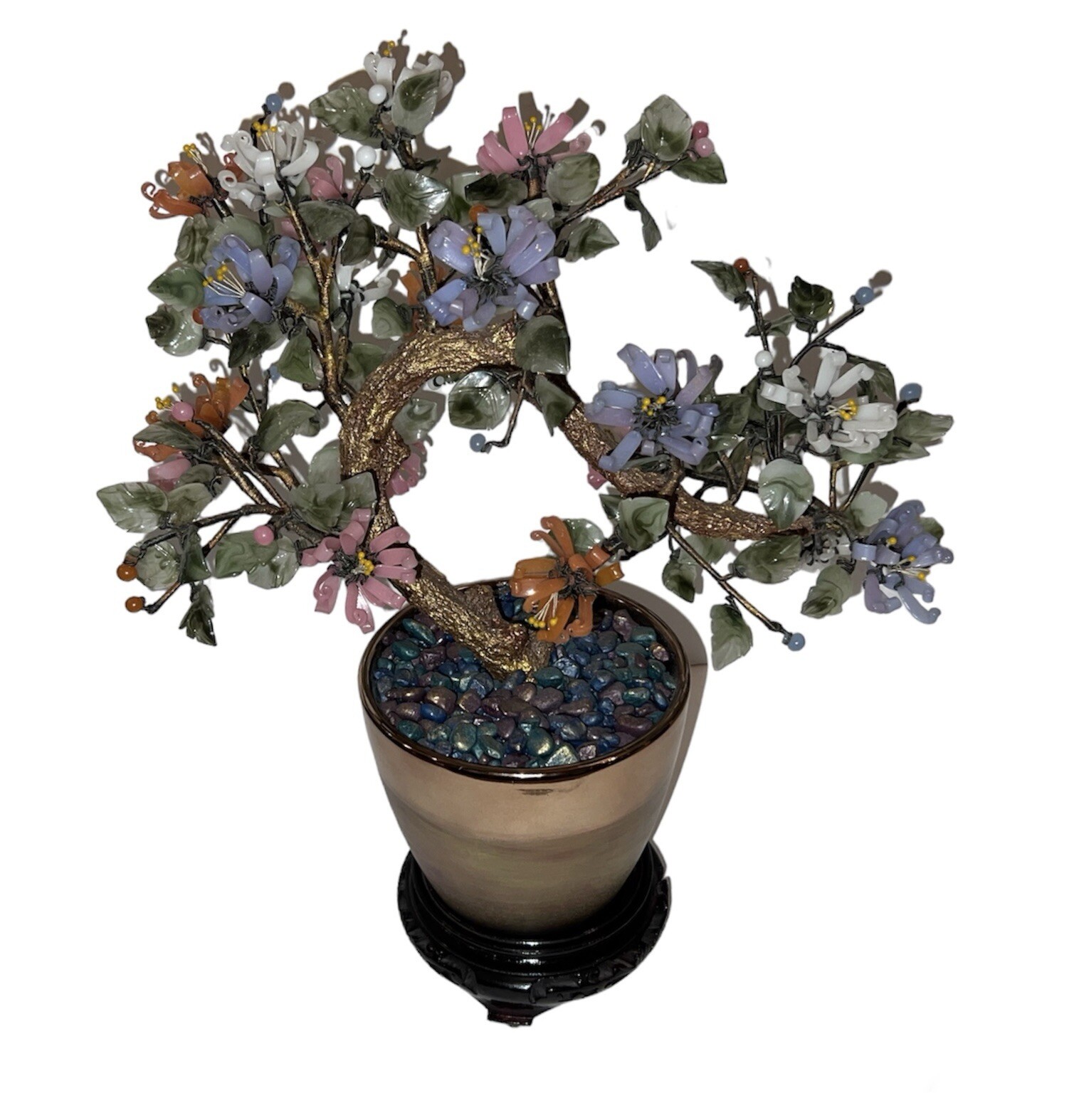 Vintage 14″ Chinese Jade and Stone Bonsai Tree in Gold Pot and Wood Carved Base