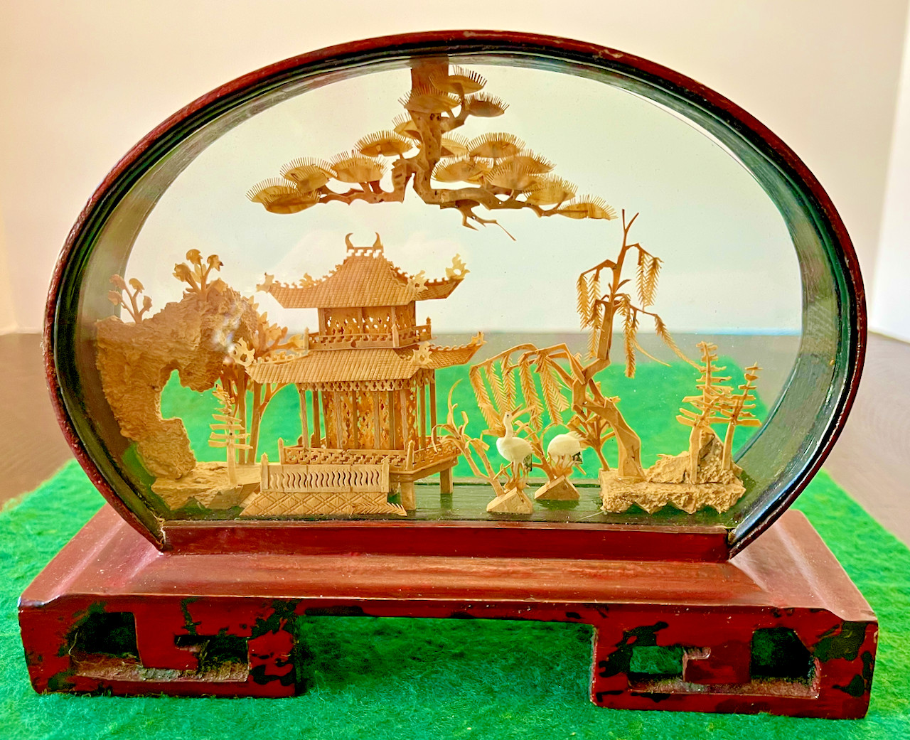 Vintage Chinese San You Cork Carving Diorama w/Pagod Trees & Cranes Wooden Stand