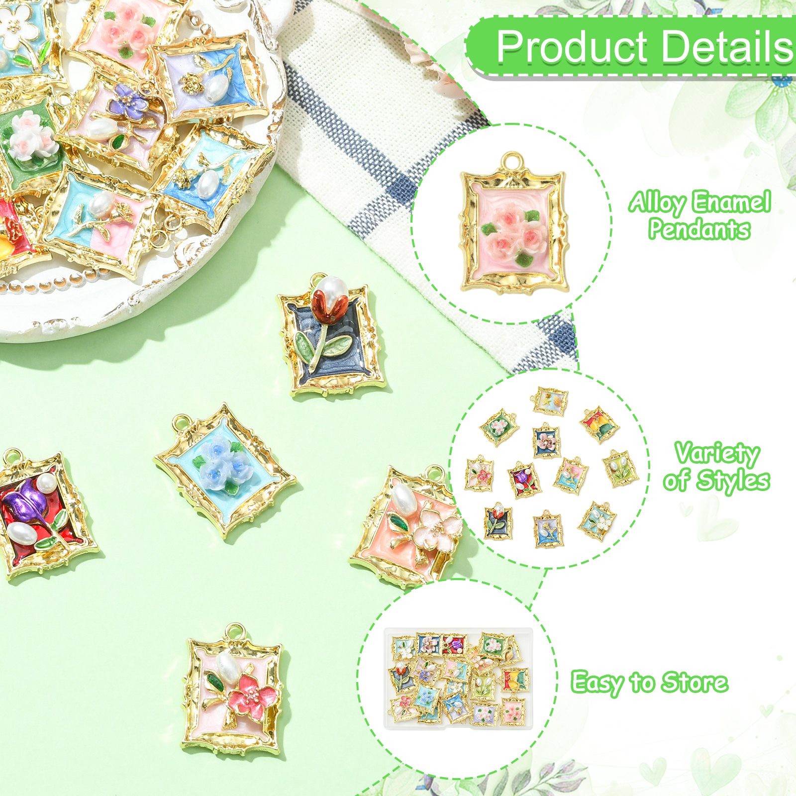 18x Rectangle Alloy Enamel Flower Pendants for Earrings Necklace Jewelry Making