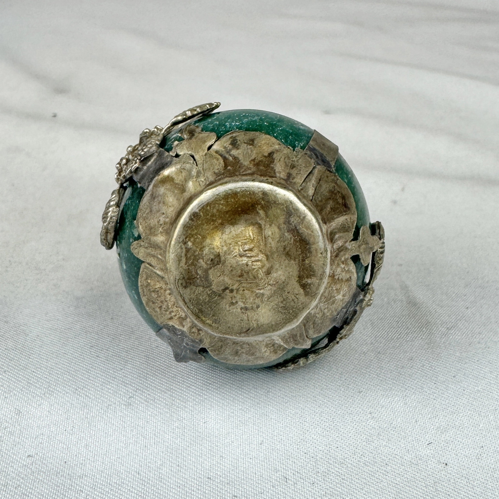 Vintage Chinese Zodiac SNAKE Green Marble Orb, Pewter/Tin Finial, Dragon Motif