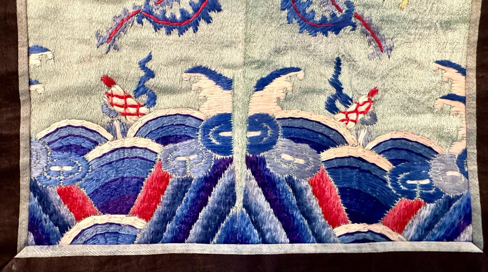 Vtg Antique CHINESE RANK BADGE Embroidery SILK Birds Clouds Mountains 9.5″x11″