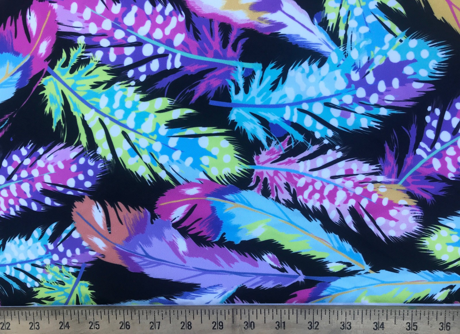Spandex Fabric Polyester Material, black pastel colors Feathers Design- 1/2 yard
