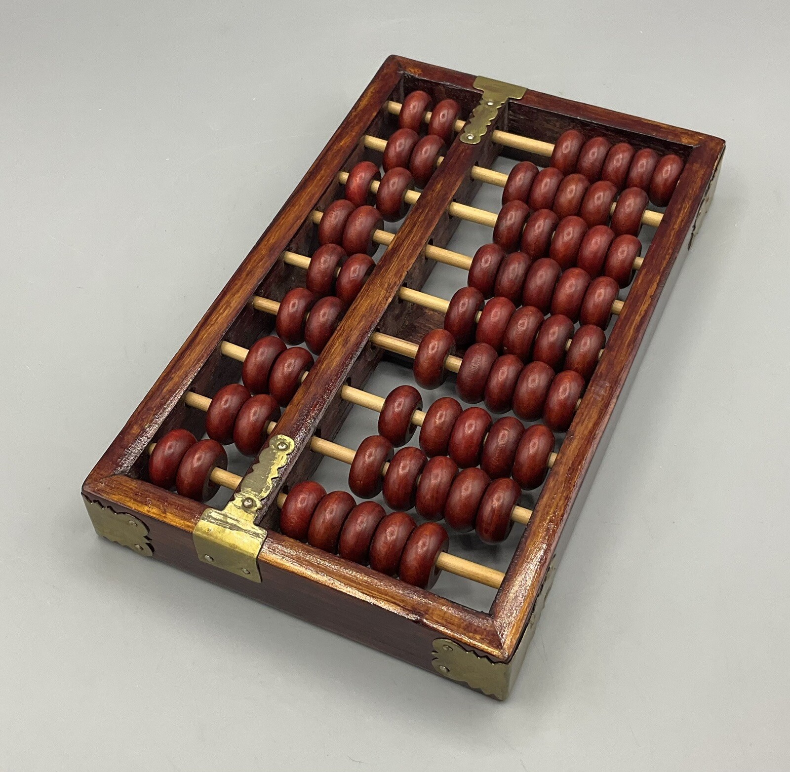 Vintage Red Lion Chinese Abacus Wood with Brass Hardware 9 Columns 63 Beads