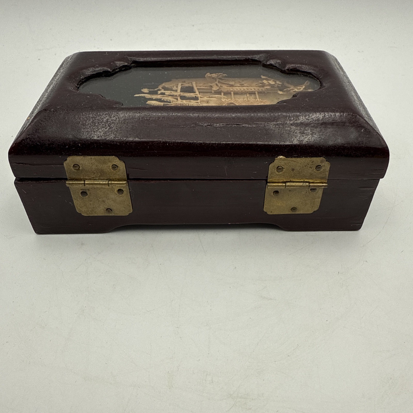 Asian Jewelry Wood Box Diorama Cork Art Pagoda Scene Brass