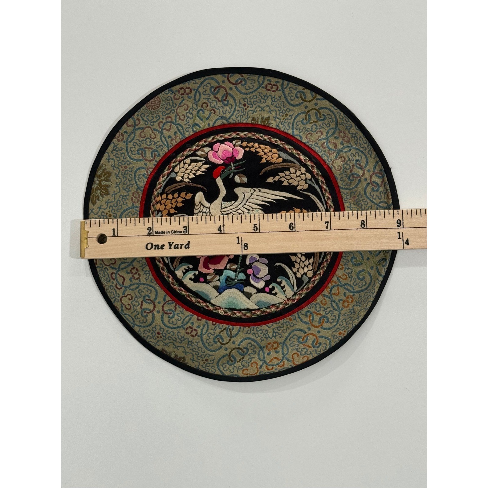 Vintage Chinese Silk Embroidery Rank Badge Roundel Crane Floral 8.5 Inch