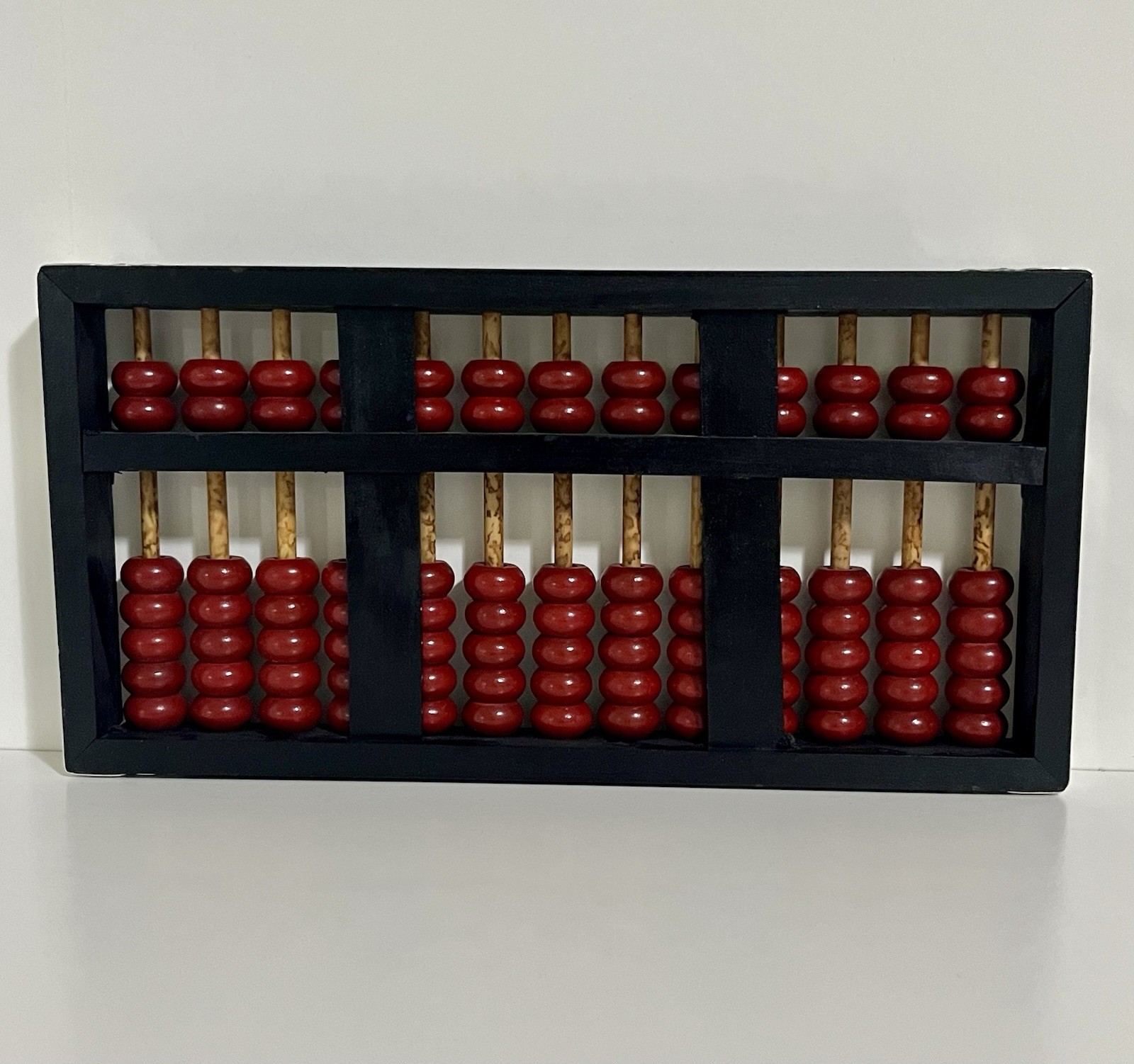 Vintage Abacus Black Lacquer Wood Frame Red Beads 91 Bead Burl Wood Rods!