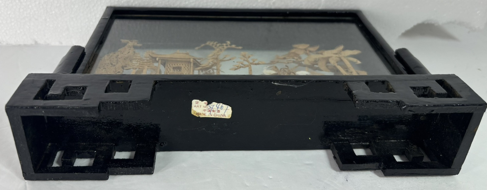 Vintage Hand-Carved Chinese Cork & Wood Diorama Encased In Glass & Wood Stand