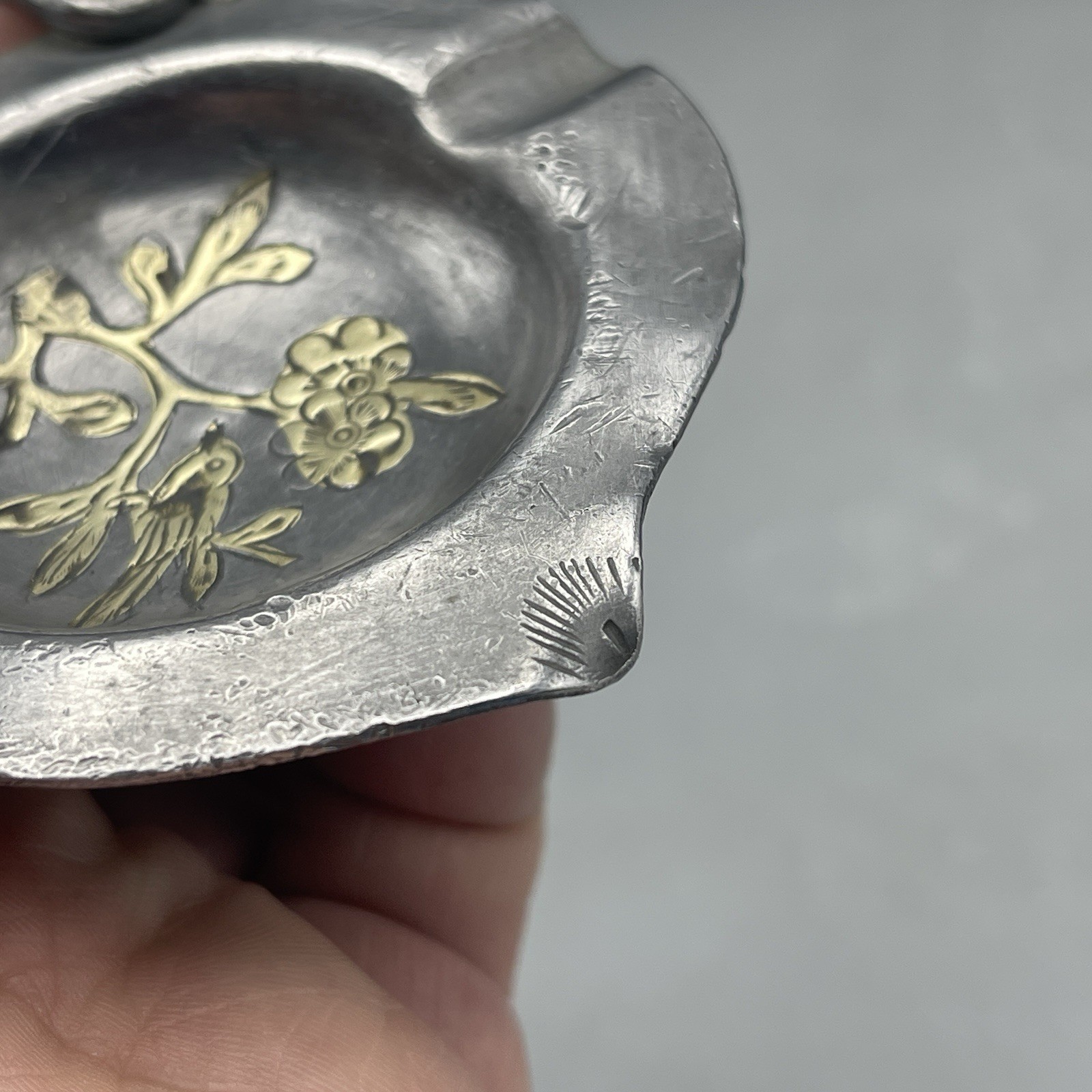 Antique Chinese Export Pewter And Jade Peach Ashtray Cherry Blossom Bird Inlay