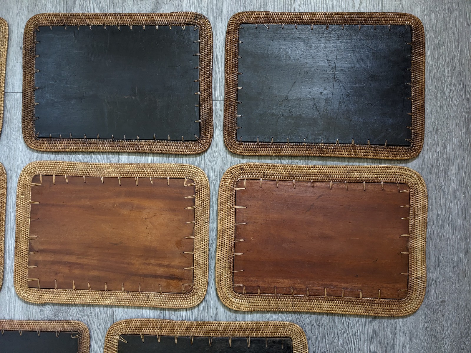 Vintage Mid Century Rattan Wood Placemats Shell Inlay Chinese Coin Boho Set of 8