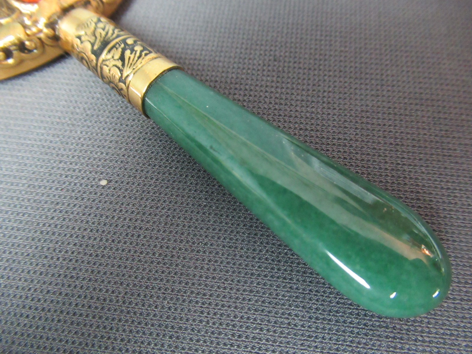 Vintage Chinese Small Hand Mirror Jade Handle Gold Tone Gemstones w/ Cover g6 bz