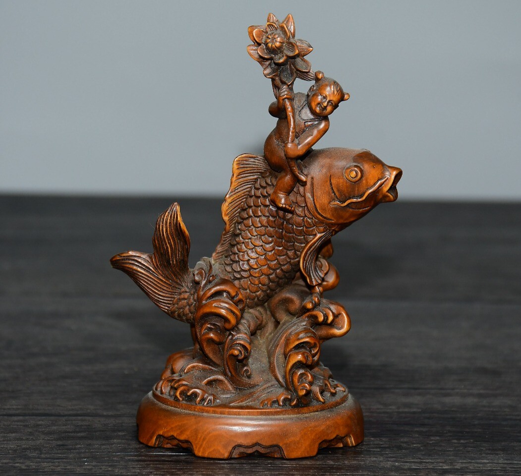 4.5″ Collect Chinese Box-wood Carving Boy Ride Goldfish Statue