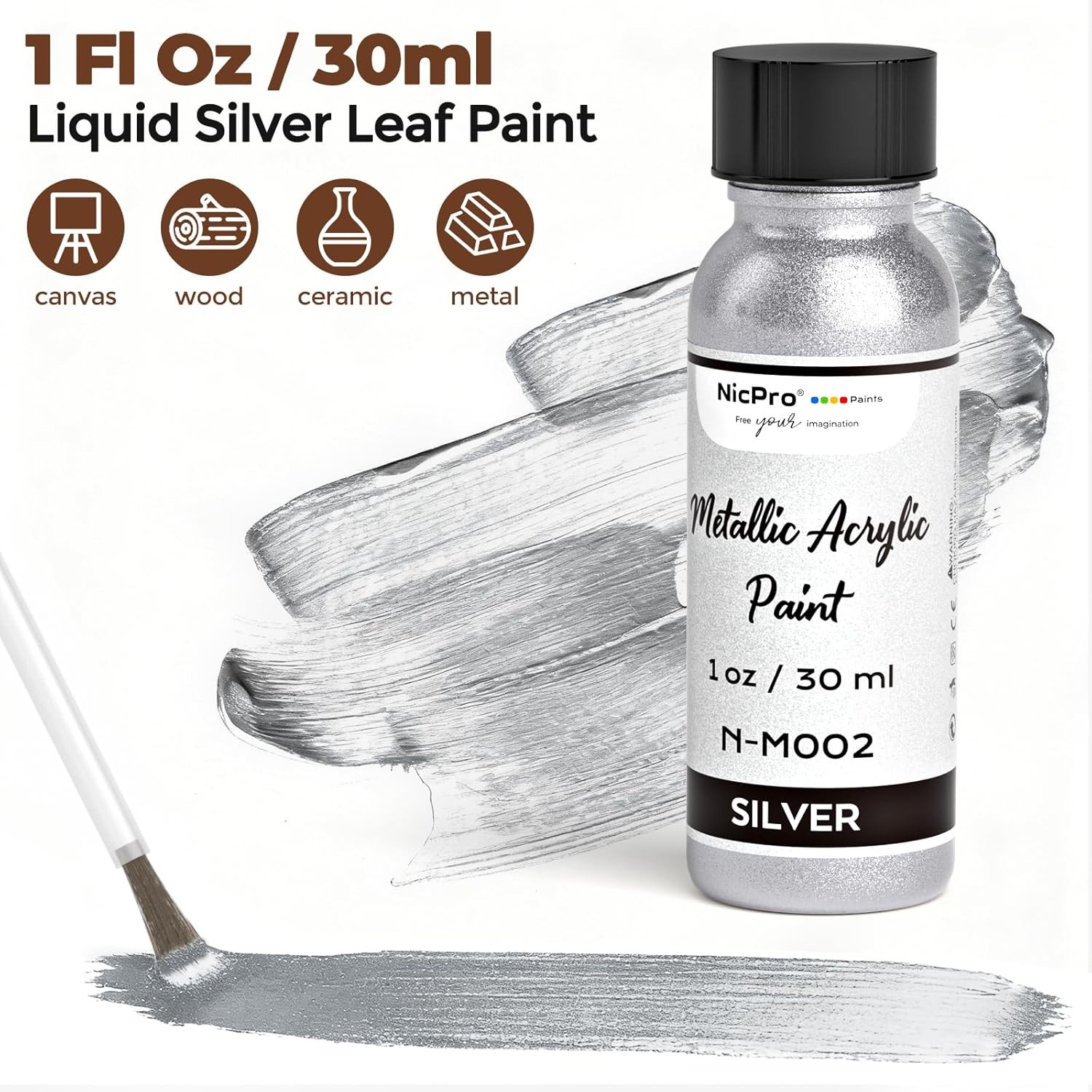 Nicpro Liquid Silver Leaf Paint Kit (2 × 1oz/30ml), Metallic Silver Acrylic Pai