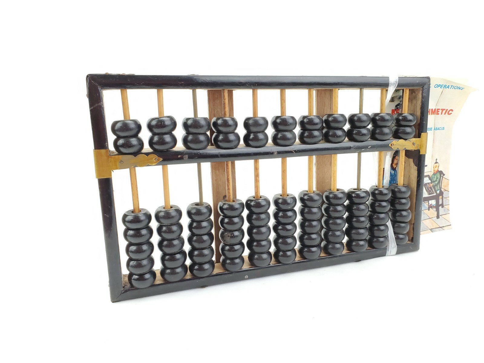 Vtg Abacus Lotus Flower Black Lacquer Wooden Brass 11 Rods 77 Beads Booklet 60s