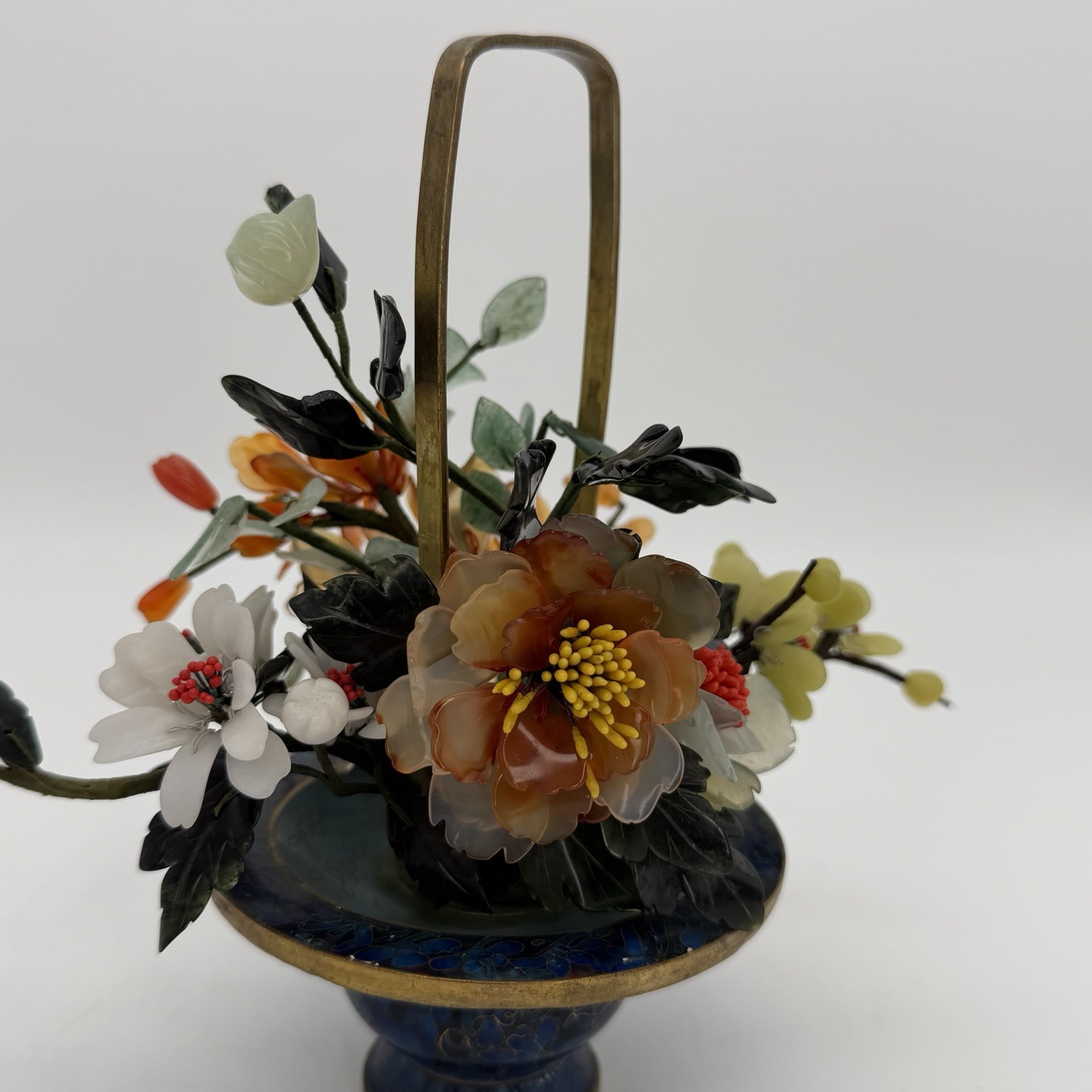 Vintage Jade Bonsai Tree Flowers Basket Cloisonné Pot 7.5” Brass Handle