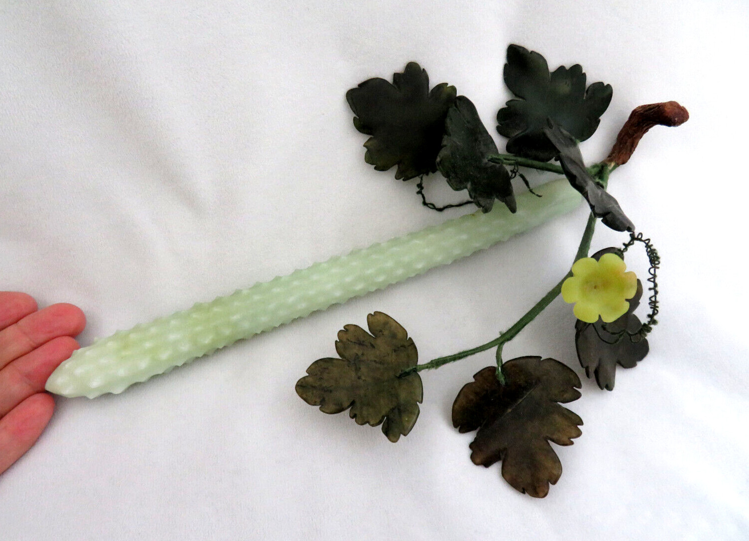 RARE Chinese Green Jade Gemstone Prickly Cucumber & Leaves Sculpture 11″ Long