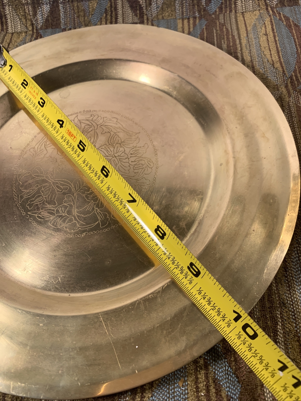 Vintage Chinese Brass Tray~Platter Etched Florals Medallion~10”~Boho