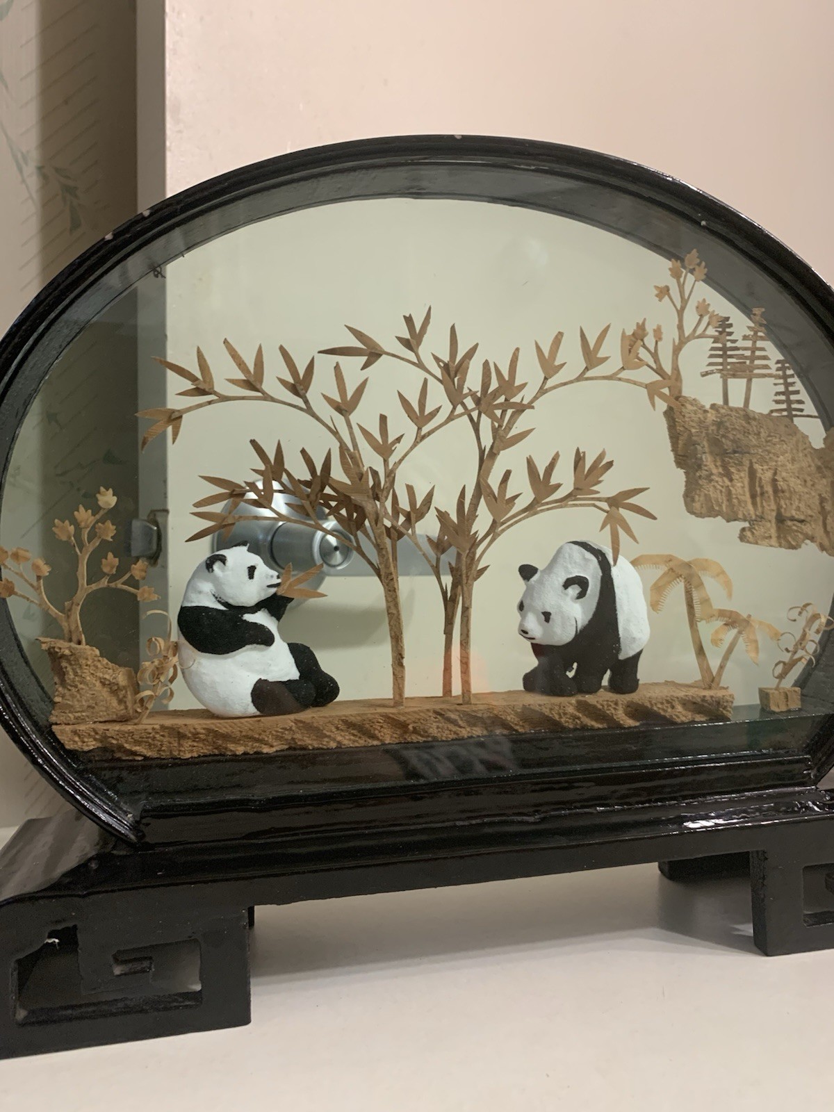Panda Bear Vintage Collectible San You cork carve Art 3D Diorama in glass frame