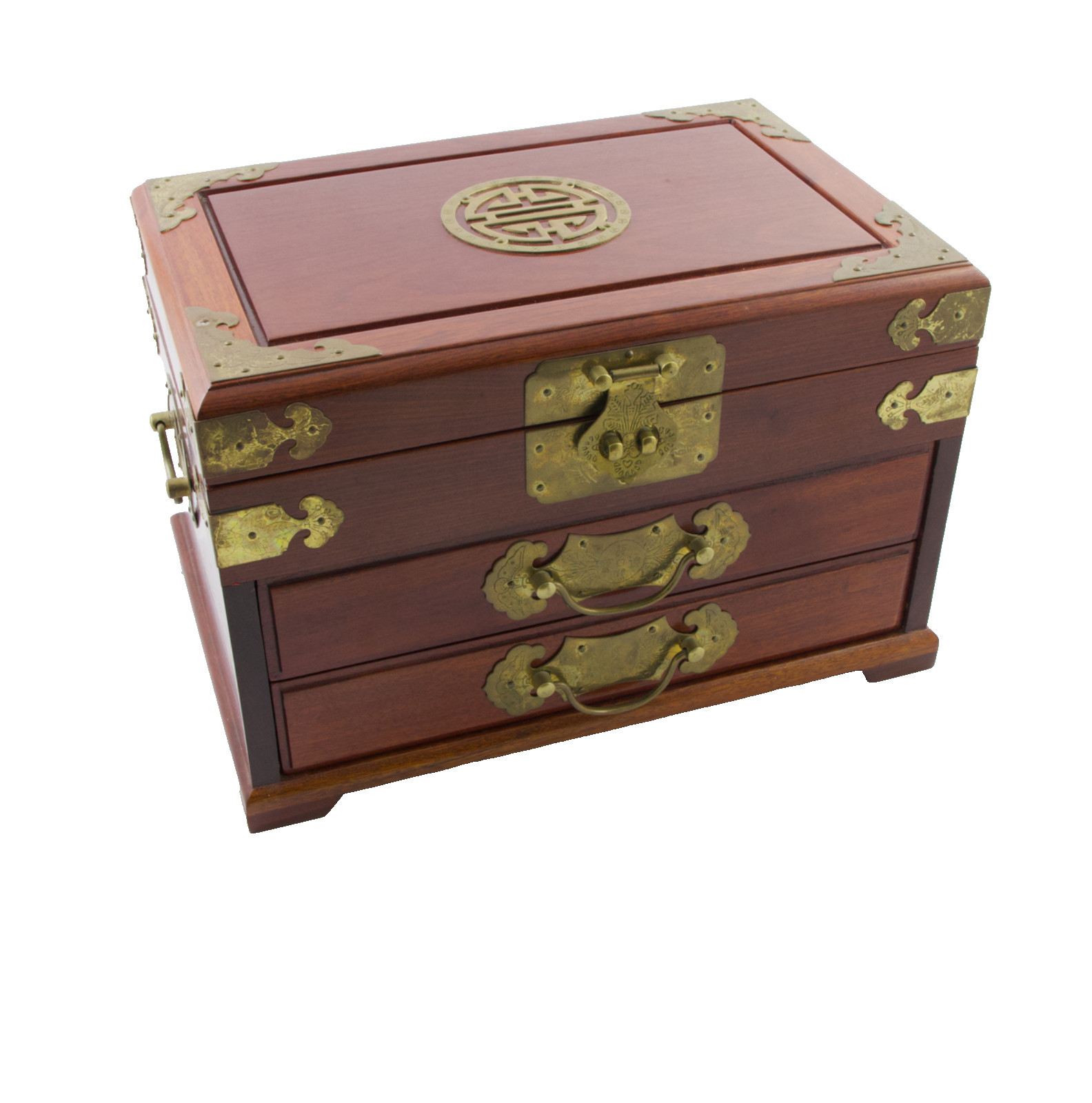 Large Chinese Rosewood & Brass 2 Drawer Flip Top Jewelry Box Longevity Symbol