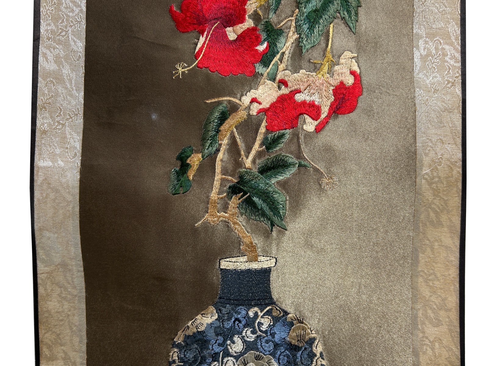 Chinese Red Flower Vase Embroidery Scroll Painting Wall Art ws4778