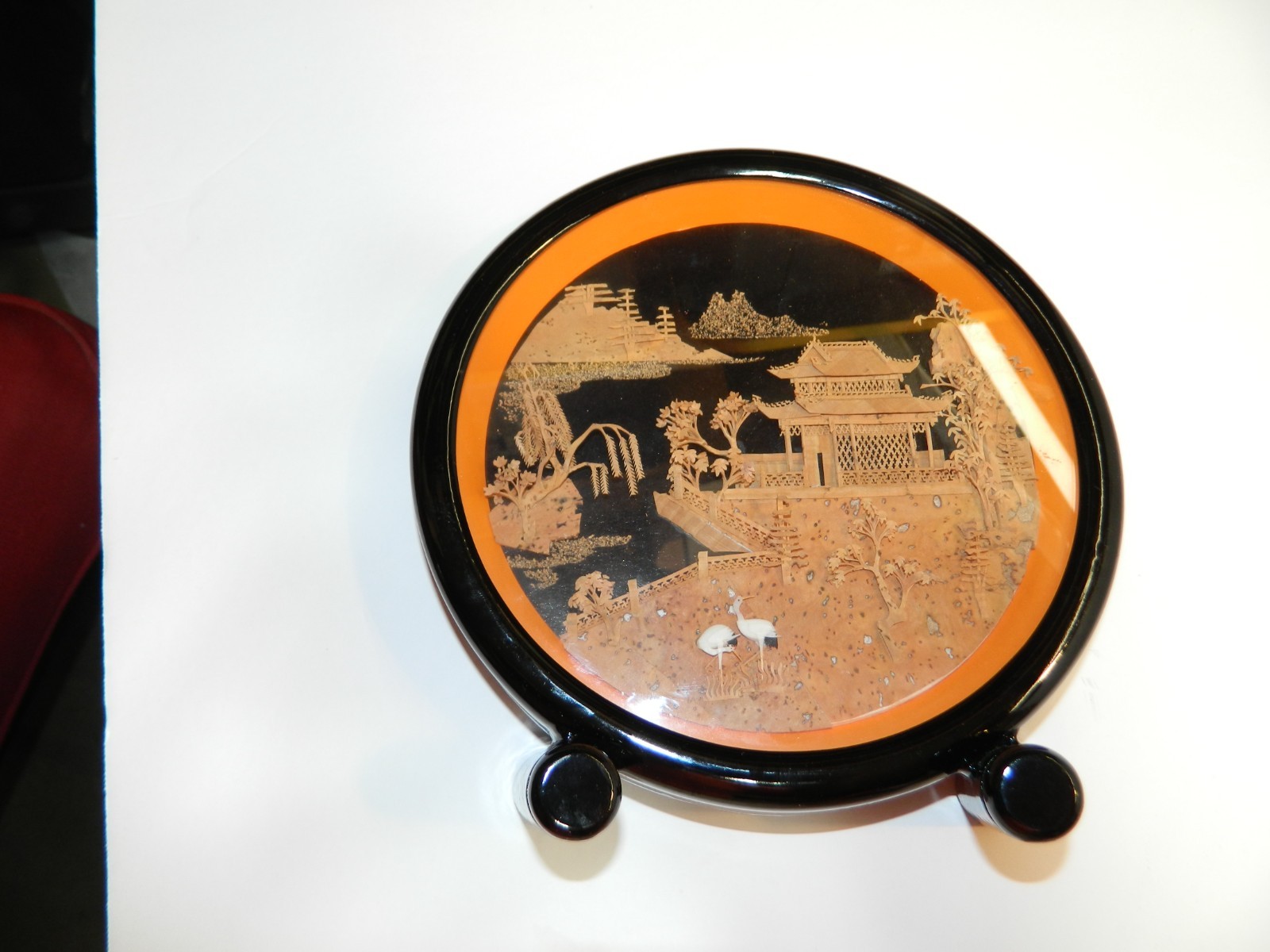 VTG ASIAN CHINESE DIORAMA CORK CARVING GLASS CASE PAGODA TREES & CRANES EUC