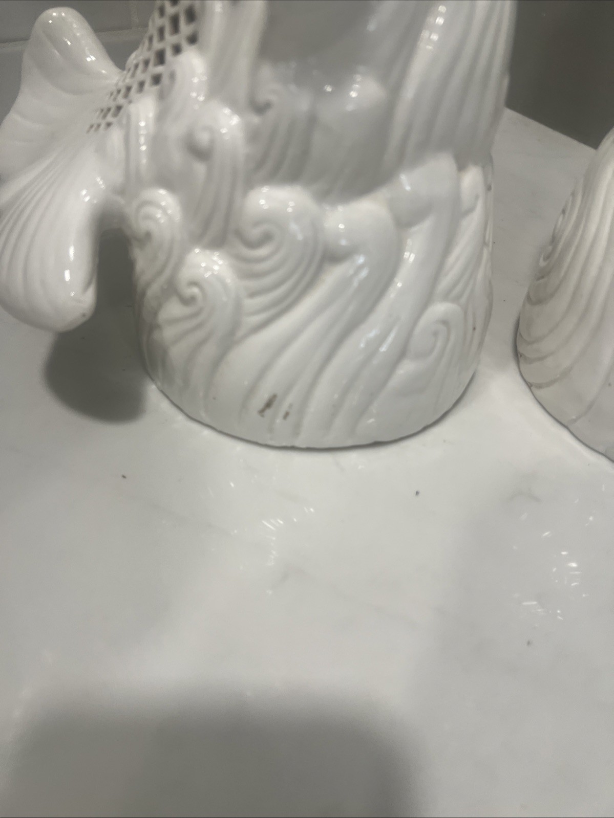Vintage 1950s Reticulated Porcelain Blanc De Chine Fish Sculpture Pair 14” Large