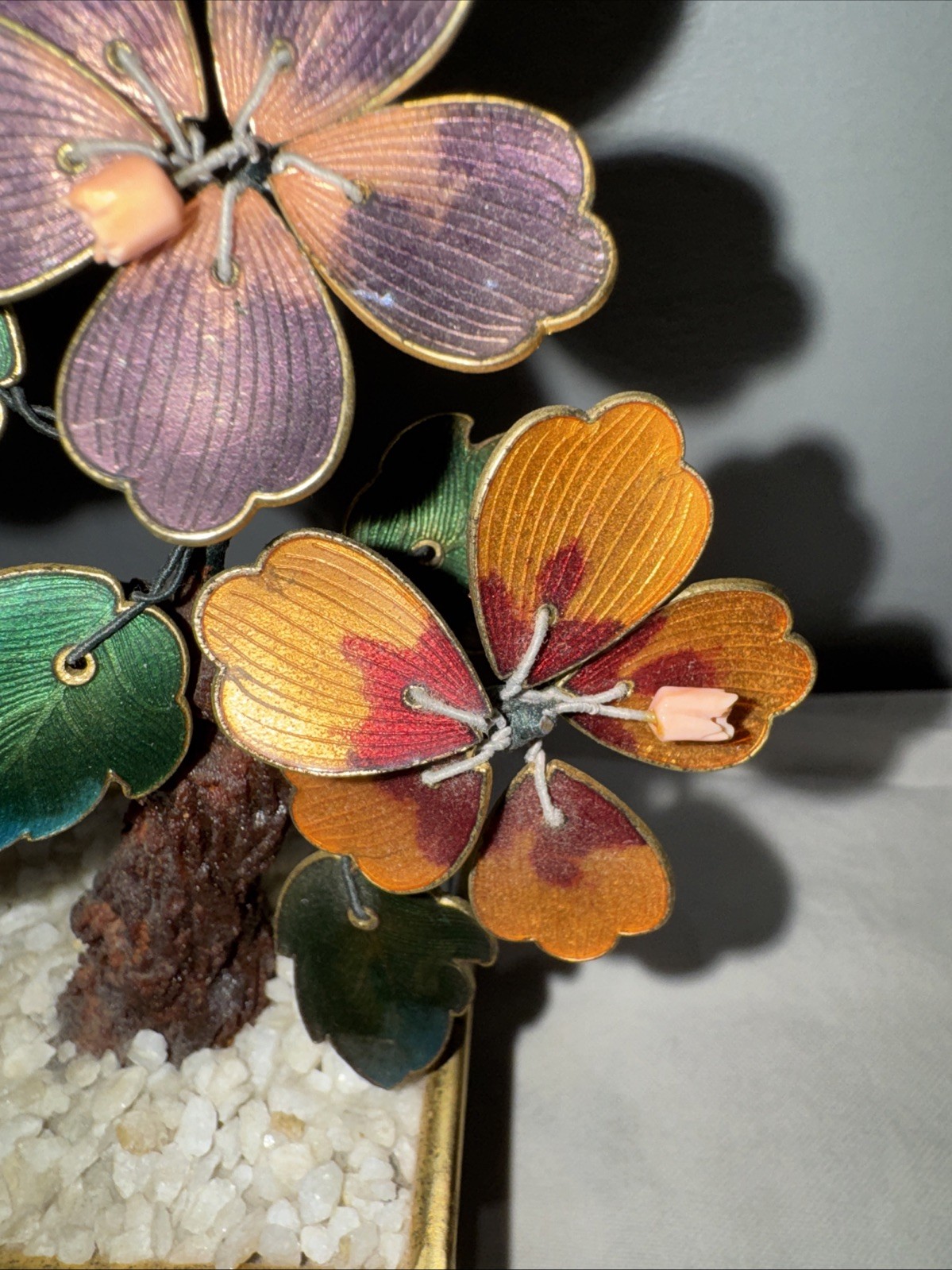 Cloisonne Enamel and Metal Bonsai Tree w/ Pot Colorful Flowers 7.5” Vintage