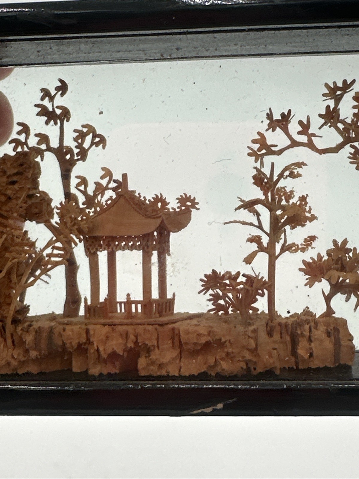 Vintage Chinese Cork Art Shadow Box Pagoda Cranes Scenic Diorama Framed C Detail