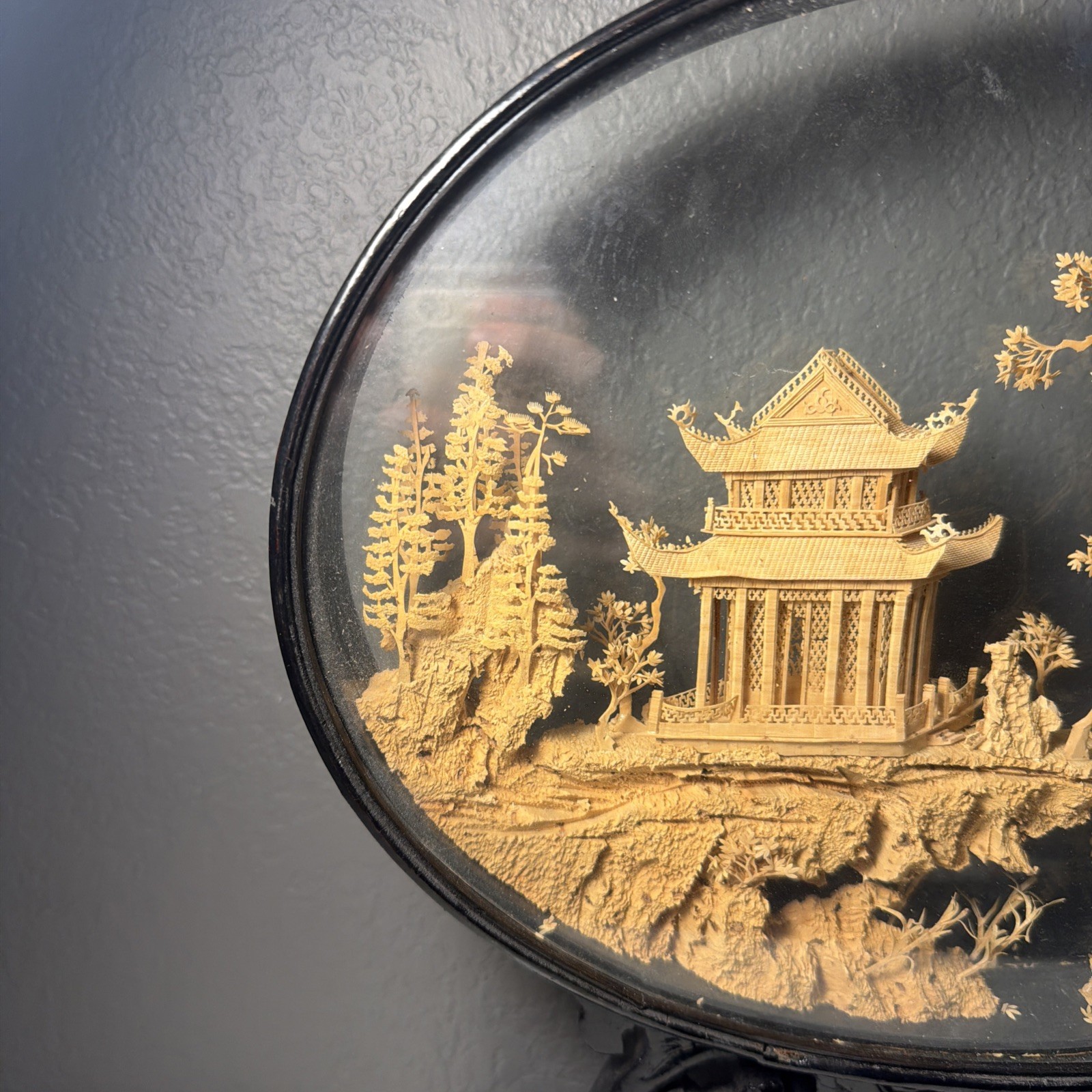 VTG Chinese Hand Carved Cork Diorama Shadow Box Asian Art Pagoda Cranes Trees