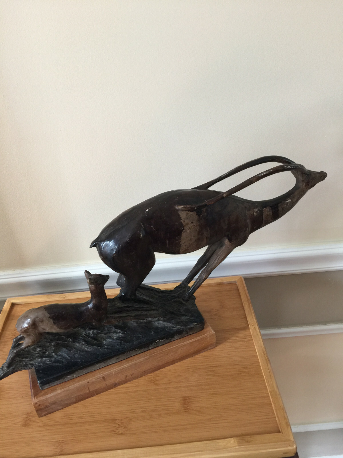 Vintage Burl wood carving of A Dear & its baby Signed E. A. 1980 8-1/4″H x19″L
