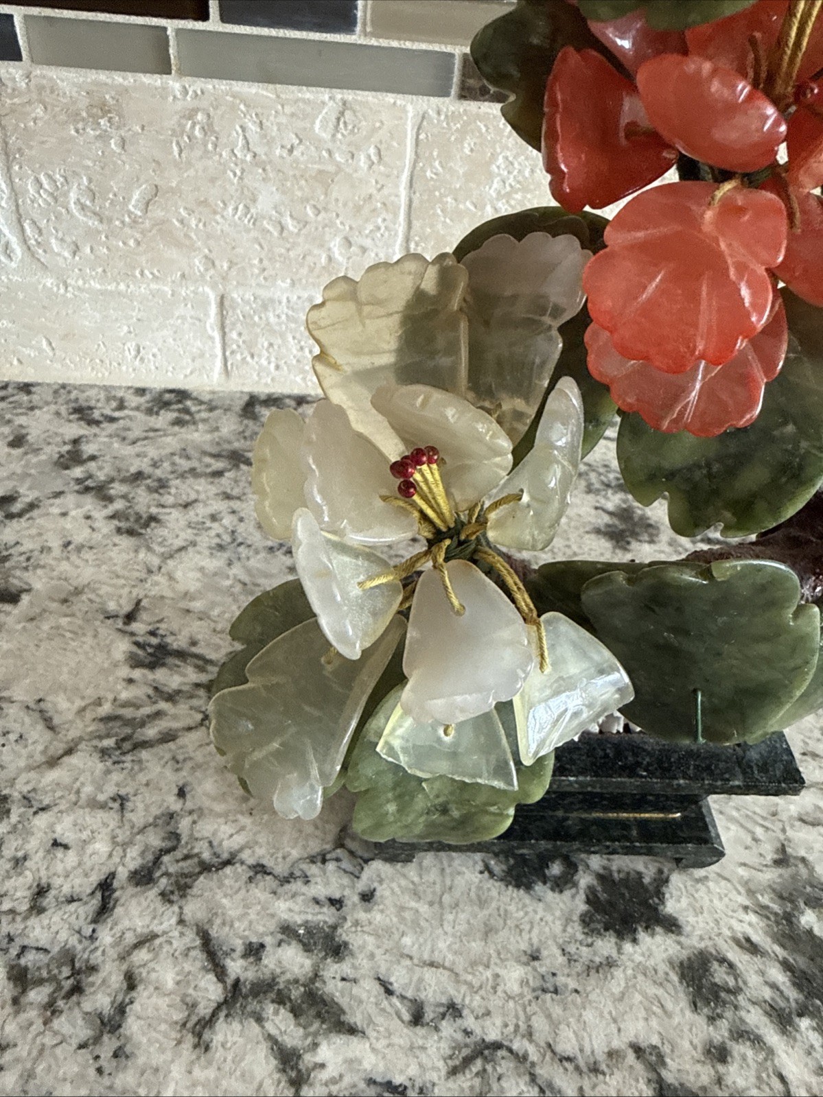 Vintage Chinese Jade Tree Carved Hardstone Flower Carnelian Rose Quartz Agate 9″