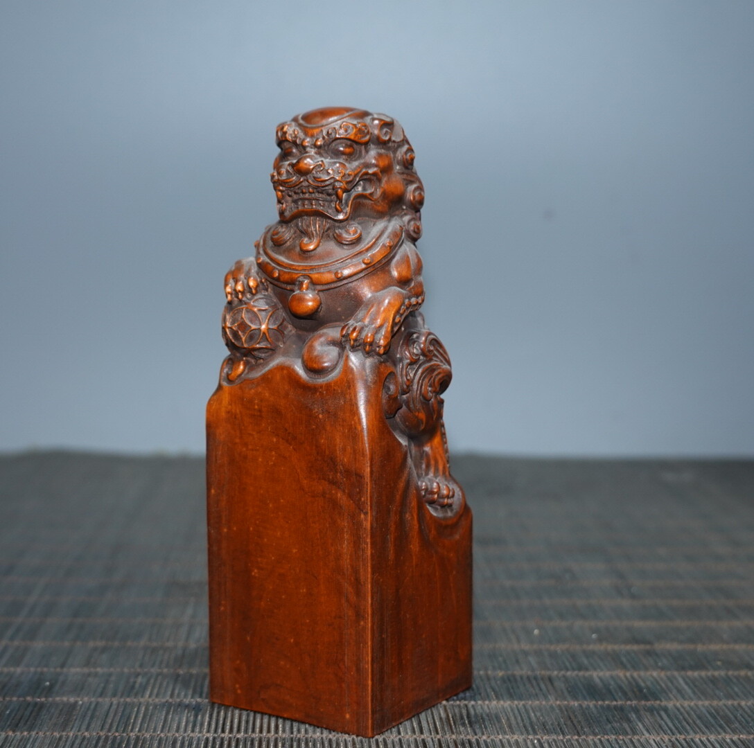 4.7″ Collect China Box-wood Carving Animal Foo Fu Dog Guardion Lion Seal Signet